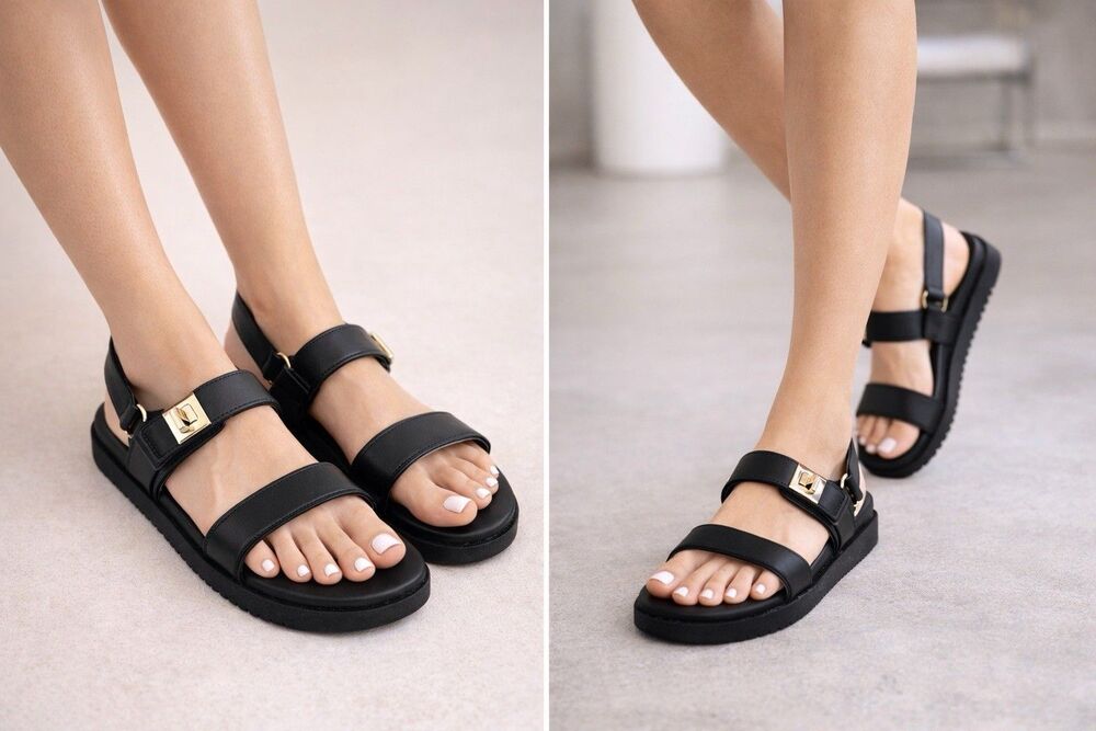 Women Black Platform Sandals Double Strap Gold Buckle Casual Comfort Size 81/2 - Picture 13 of 15